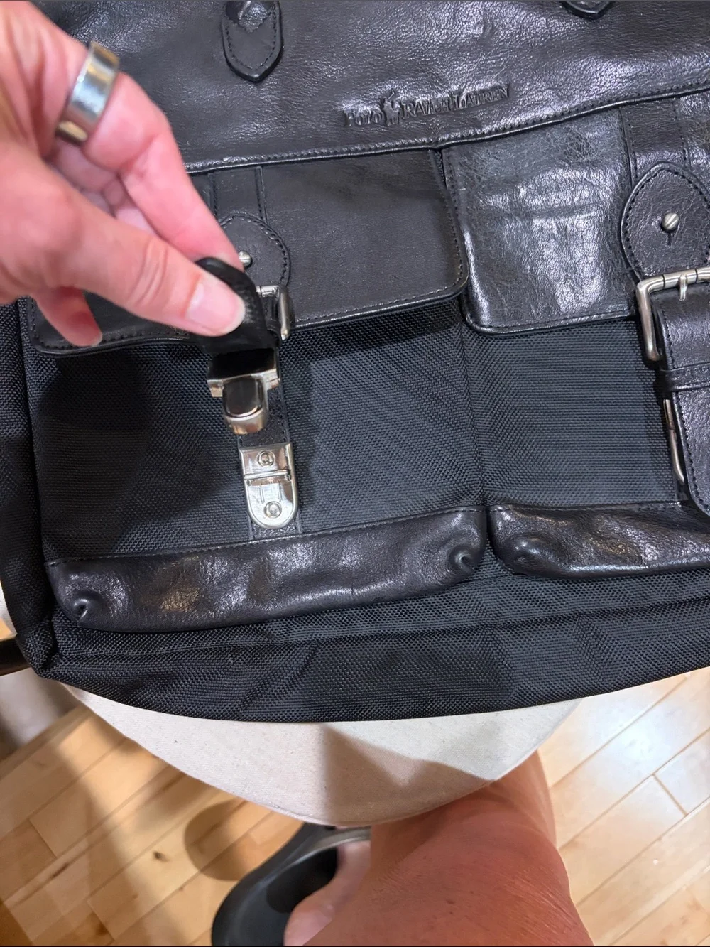 Vintage Polo by Ralph Lauren Black Leather & Nylon Two-Pocket Laptop Briefcase